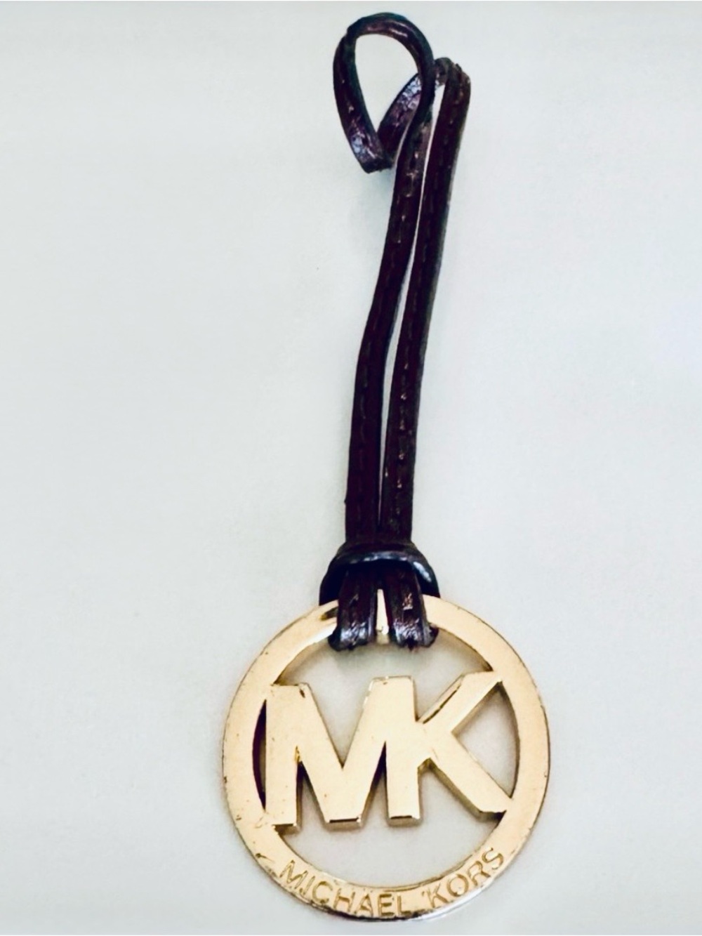 Michael Kors Gold MK Logo Charm with Brown Leather Strap Handbag Fob Tag
